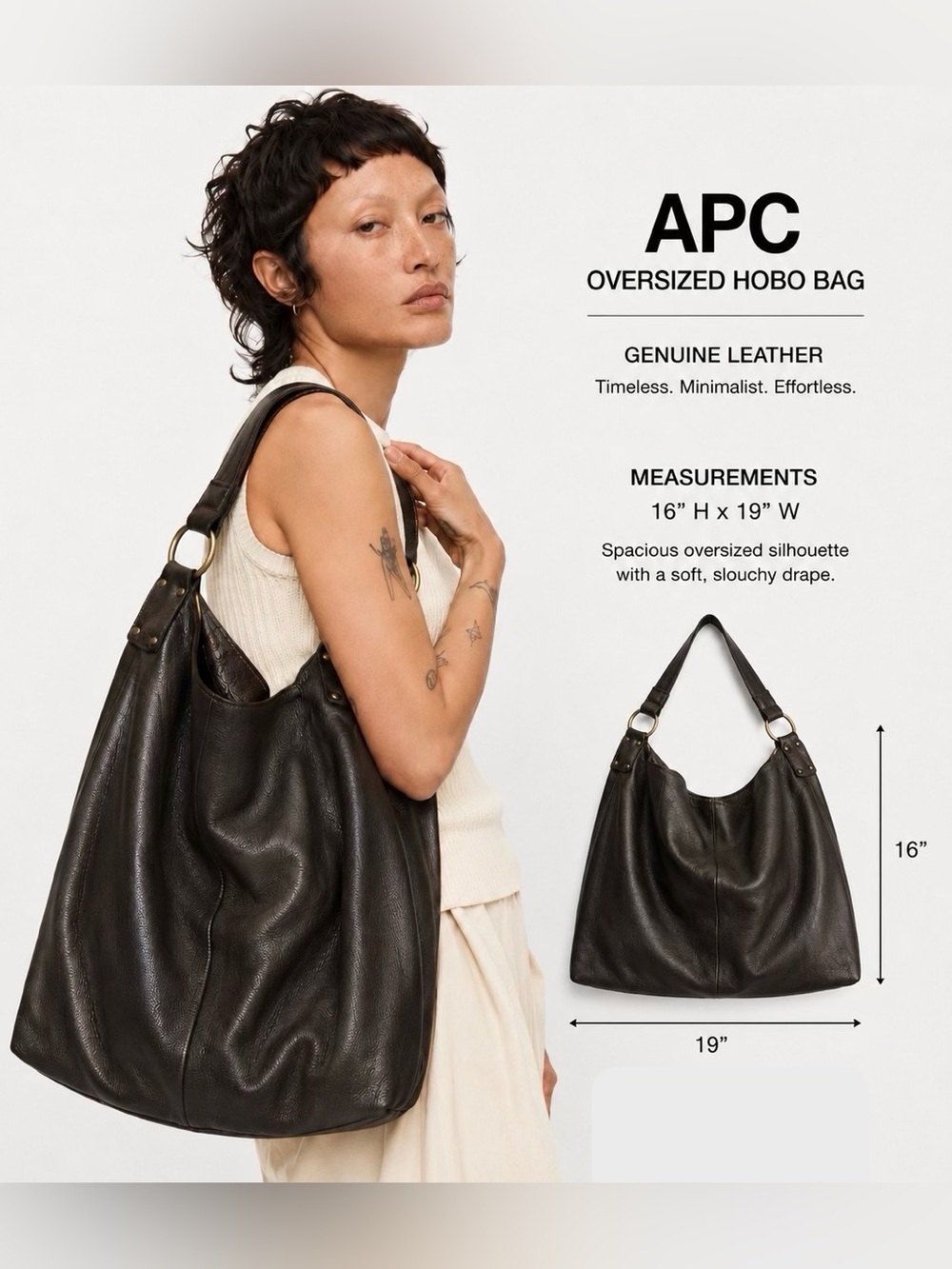 Vintage A.P.C. oversized brown leather shoulder bag hobo- w brass hardware.